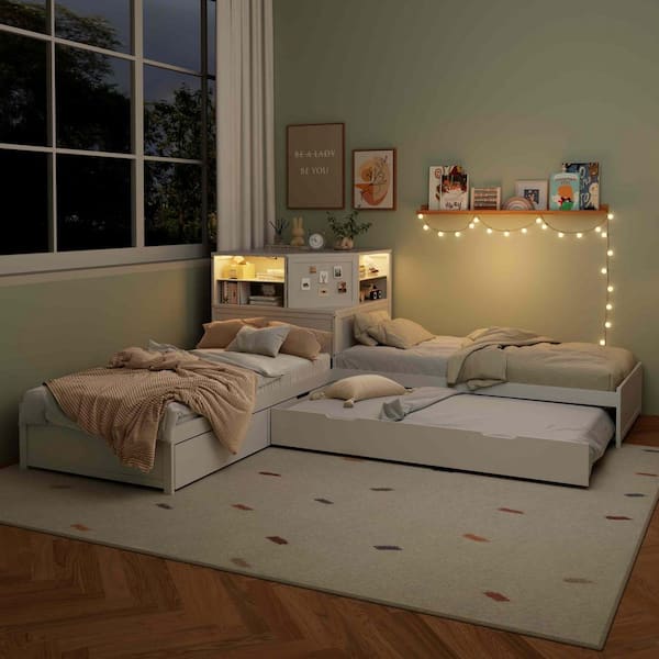 White Wood Frame Twin Size Platform Bed with Trundle and Drawer, Built-in Desk and Led Downlight