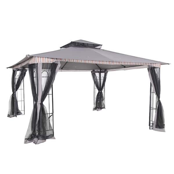 Sudzendf 13 ft. x 11 ft. Gray Double Tier Roof Patio Gazebo with Netting for Lawn, Garden, Backyard