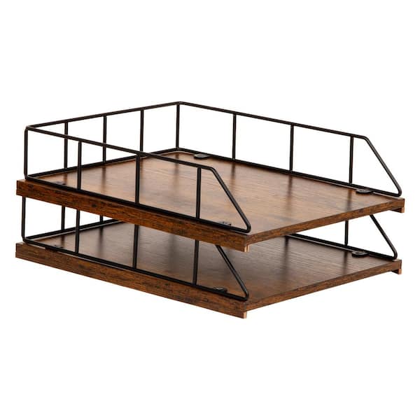 2-Tier Rustic Paper Tray Organizer with Metal Frame, Wood Base for Desk or Office, Stackable, Metal and Wood, Black