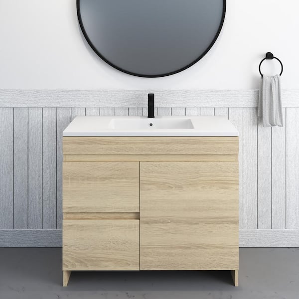 VOLPA USA AMERICAN CRAFTED VANITIES Mace 36 in. W x 20 in. D Single Sink Bathroom Vanity Left Side-Drawers in White Oak with Acrylic Integrated Countertop