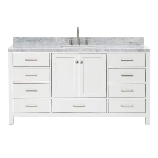 Cambridge 66 in. Single Sink Freestanding Bathroom Vanity in White with Carrara White Marble Top