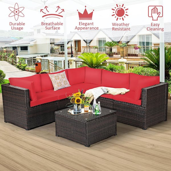 6-Piece Wicker Outdoor Sectional with CushionGuard Red Cushions