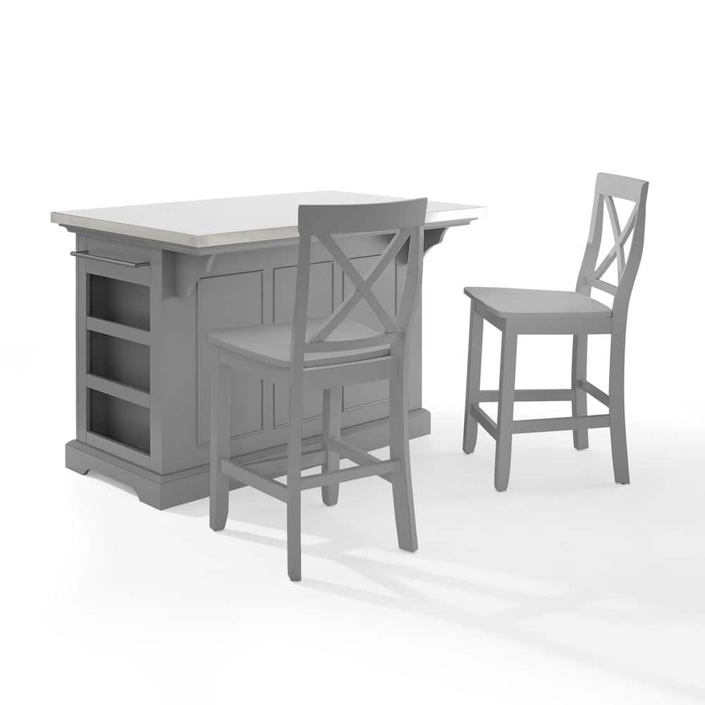 Julia 50'' Gray Stainless Steel Top Kitchen Island Set with X-Back Stools