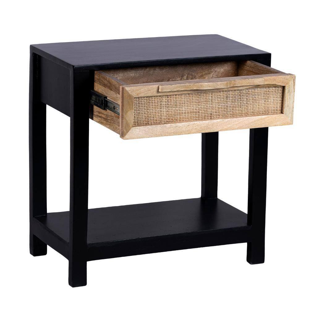 Tia 22 Inch Black Pine Wood Side Table with Rattan Drawer