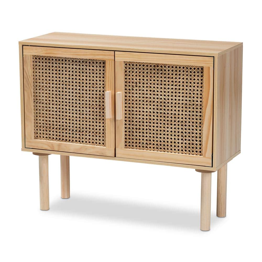 Maclean Mid-Century Modern Natural Rattan and Wood 2-Door Sideboard