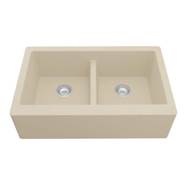 Farmhouse Apron Front Quartz/Granite Composite 34 in. Double Bowl Kitchen Sink in Bisque