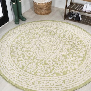 Sinjuri Medallion Textured Weave Green/Cream 5 ft. Round Indoor/Outdoor Area Rug