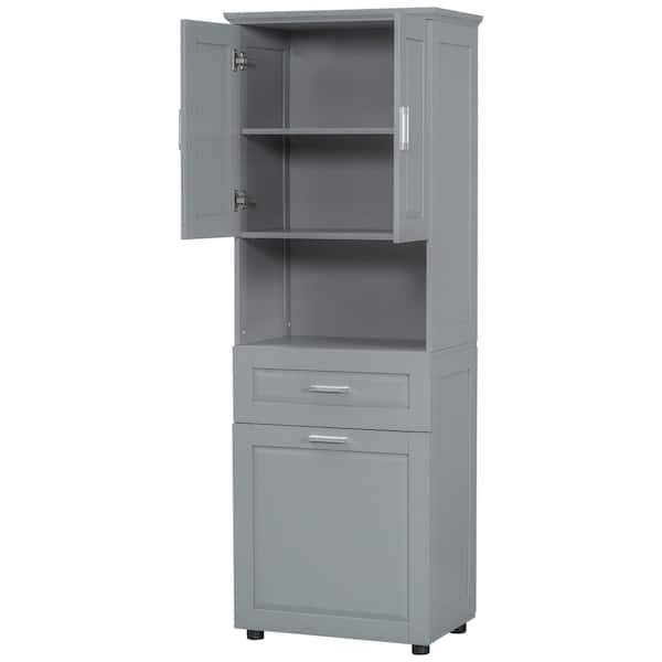 25 in. W x 16 in. D x 70 in. H Gray Linen Cabinet, Large Storage Space Tilt-Out Laundry Hamper and Upper Storage Cabinet
