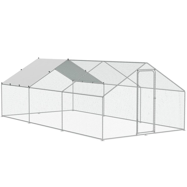 SKYSHALO Poultry Fencing Large Metal Chicken Coop, 9.8 x 19.3 x 6.5 ft. Walk-in Chicken Runs for Yard with Cover Spire Roof Hen