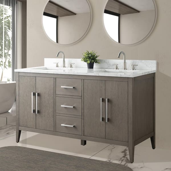 60 in. W x 22 in. D x 34 in. H Double Sink Bathroom Vanity Cabinet in Driftwood Gray with Engineered Marble Top in White