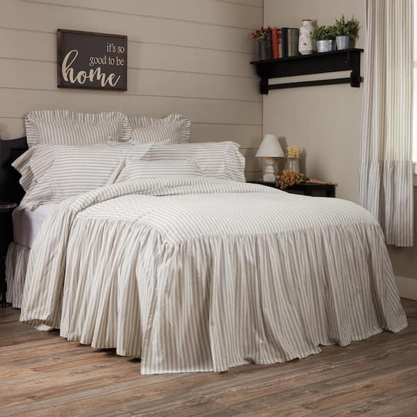 Timeless Ticking Gray Ruffled King Bedspread 80Lx76W+27