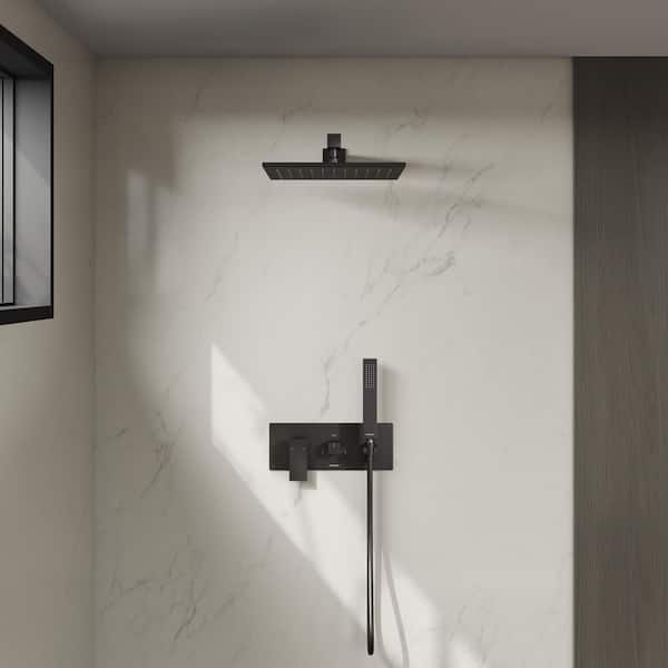 Crozet 2-Spray 10 in. Wall Mount Dual Fixed and Handheld Shower Head 2.5 GPM in Matte Black(Valve Included)