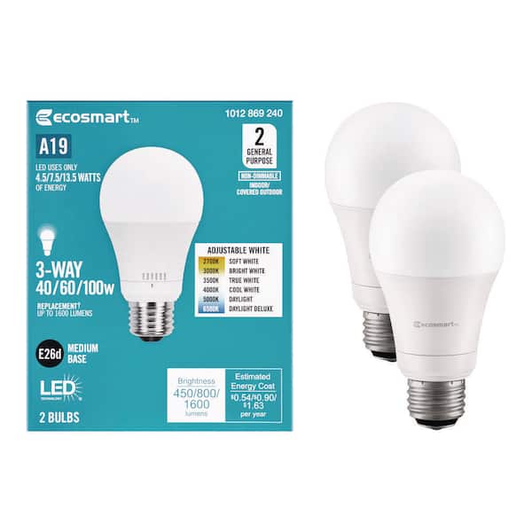 40/60/100-Watt Equivalent 3-Way A19 Non-Dimmable LED Light Bulb Selectable Color Temperature (2-Pack)