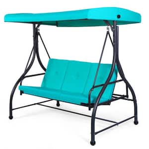 3-Person Black Metal Patio Swing with Turquoise Cushion
