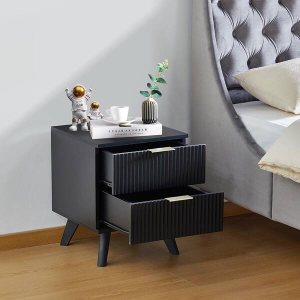 ATHMILE Black Wooden 2-Drawer Waveform Nightstand /Bedside Table
