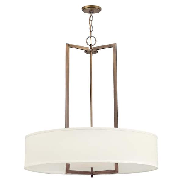 HINKLEY Hampton 48.00-Watt Integrated LED Brushed Bronze Shaded Mini Pendant With Off-White Linen Hardback Shade.