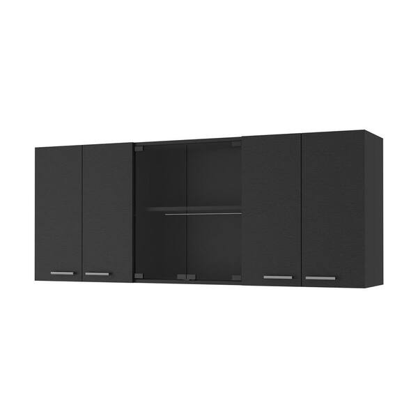Amucolo 59 in. W x 12.4 in. D x 23.6 in. H Black Wood Assembled Wall Kitchen Cabinet with Center Glass Doors