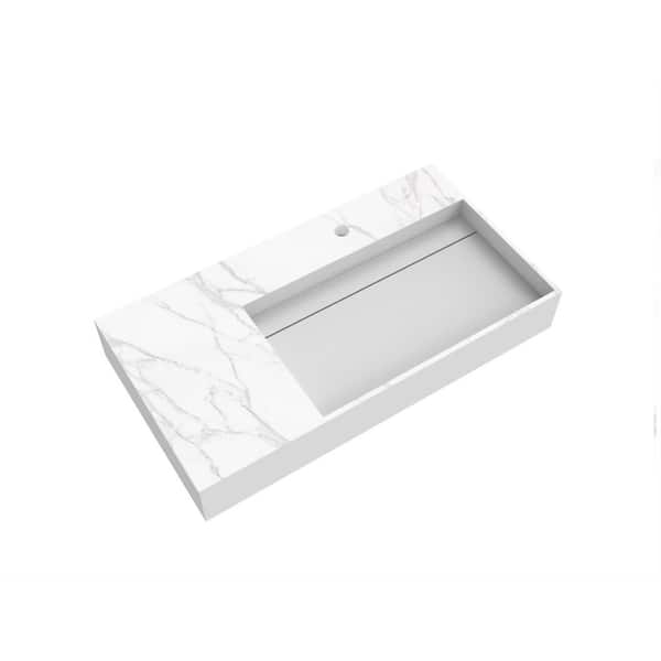 35.43 in. x 18.9 in. x 5.12in. Wall Mount Solid Surface Right Side Basin Rectangular Bathroom Sink in Matte White Marble