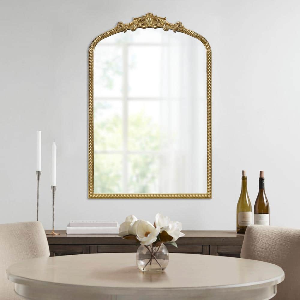 Gold Arched Wall Mirror with Beaded Details and MDF Frame