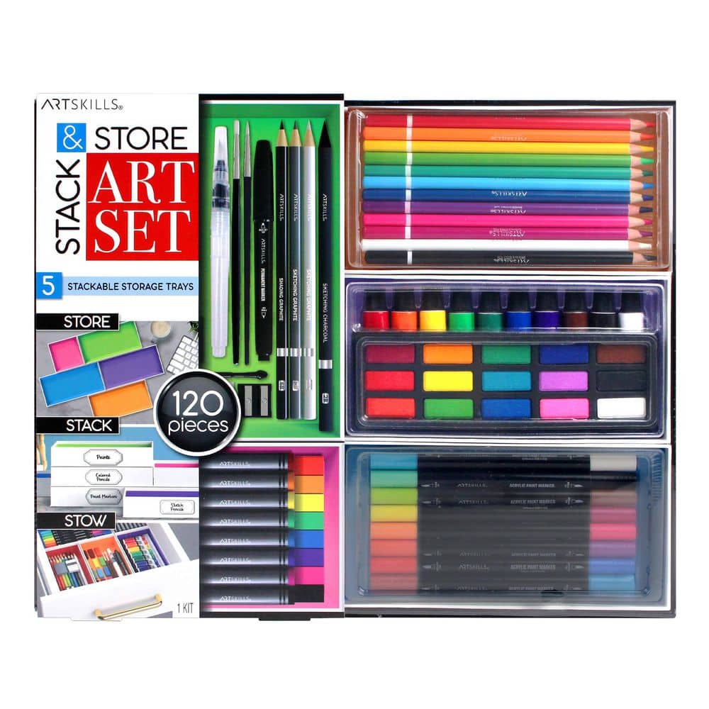 ArtSkills Art Set with Desk Drawer Organizers, Acrylic Paints, Watercolors, Paint Pens, Colored Pencils, Pastels