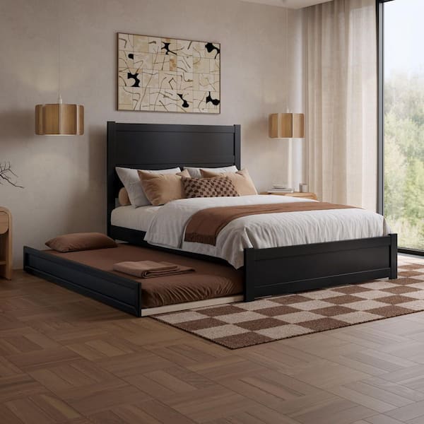 Aveline Black Wood Frame Full Platform Bed with Matching Footboard and Twin Trundle