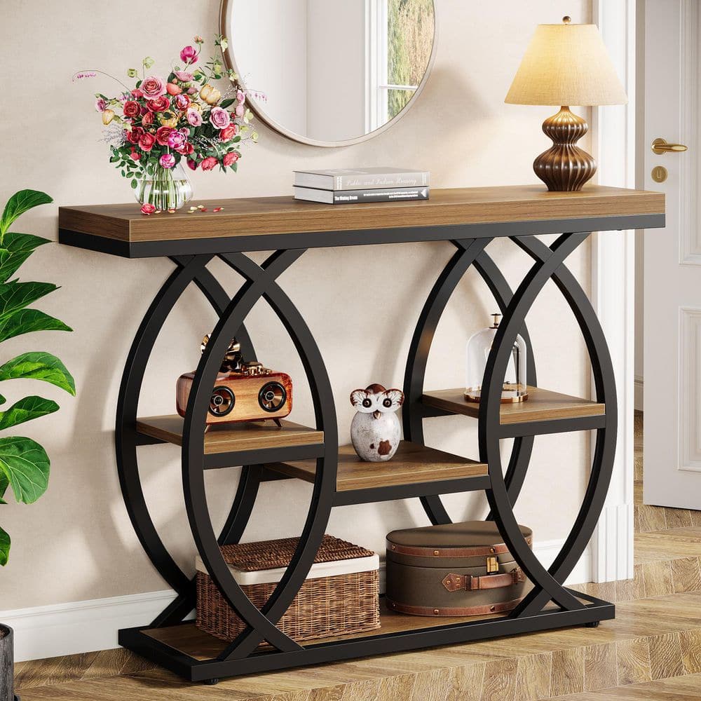 Turrella 39.4 in. Brown Rectangle Wood Console Table with Metal Frame&Storage Shelves, 4-Tier Sofa Table Entryway Table