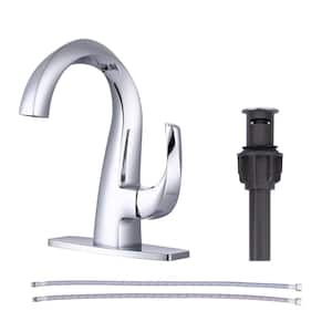 Solid Brass 4-in Single Handle High Arc Bathroom Faucet with Deckplate Included and Spot Resistant Polished Chrome