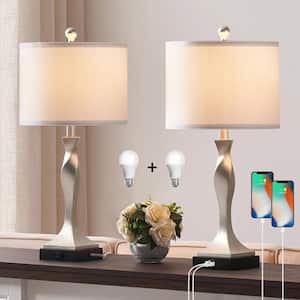 25.6 in. Sliver Leaf Table Lamp Set with USB Ports, AC Outlet and LED Bulbs (Set of 2)