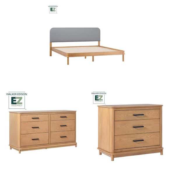 King Platform Bed with Upholstered Headboard, 54 in. Dresser and 30.25 in. Nightstand Combo