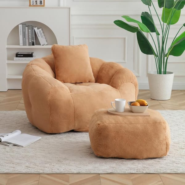 khaki Faux Fur Polyester Oversized Bean Bag with Filler for Adults and Kids