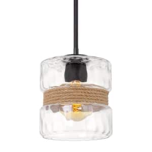 Sage 60-Watt 1-Light Textured Black Modern Pendant Light with Clear Hammered Shade, No Bulb Included