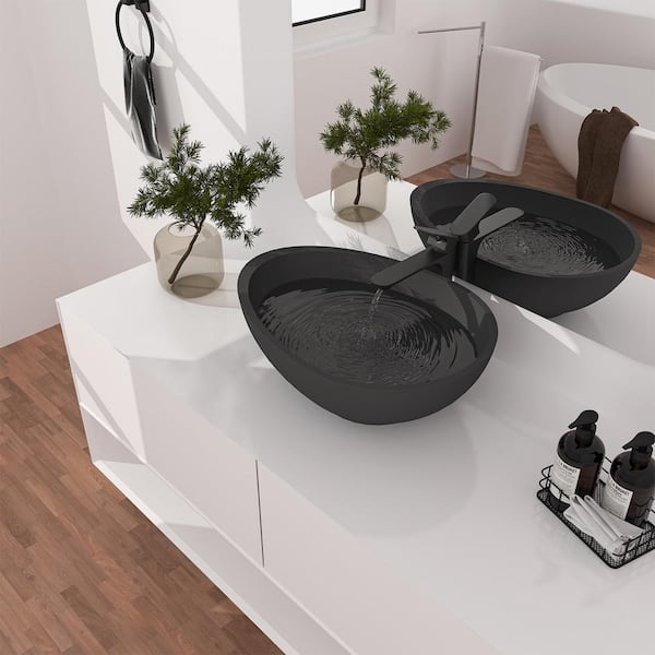 21 in . Concrete Egg-Shaped Vessel Bathroom Sink in Black Earth with Matching Drain