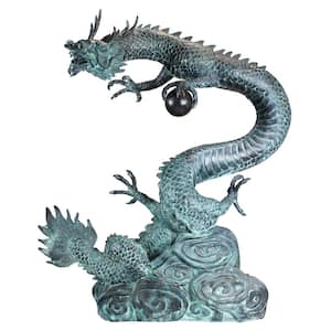 35 in. H Asian Dragon with Oriental Power Orb Bronze Large Garden Statue