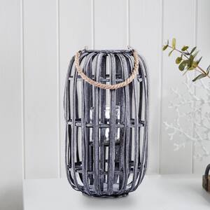 28 in. Weathered Gray Wood Round Lantern with Braided Rope