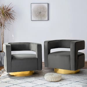 Gustaf Contemporary Grey Velvet Comfy Swivel Barrel Chair with Open Back and Metal Base (Set of 2)