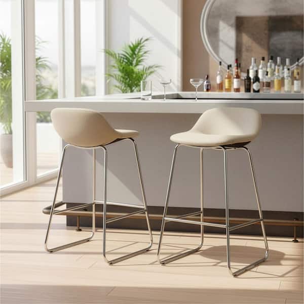 28 in. Agalia Modern Cream Fabric Chrome Frame Low Back Bar Stool (Set of 2)