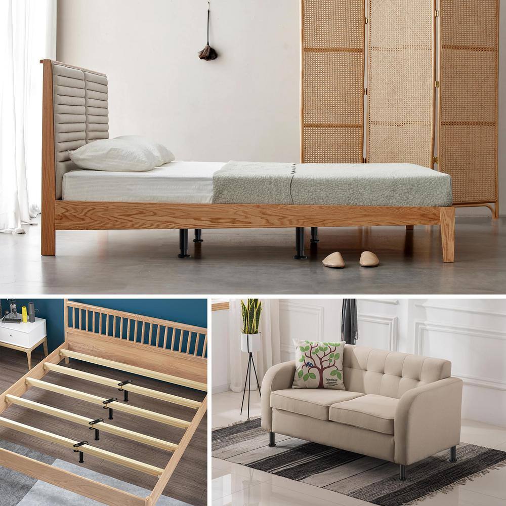 Bedroom scene with a bed supported by metal bed support legs.