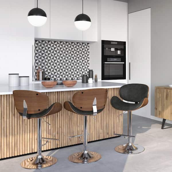 Marana 33 Inch Wide Mid Century Modern Bentwood Adjustable Swivel Bar Stool in Distressed Grey Vegan Faux Leather