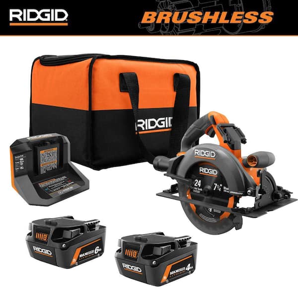 18V Brushless Cordless 7-1/4 in. Circular Saw with 18V 6.0 Ah and 4.0 Ah MAX Output Batteries and Charger Kit with Bag RIDGID
