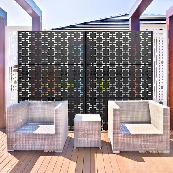 Dovelina 76 in. x 47.2 in. Laser Cut Metal Black Outdoor Privacy Screen Square Pattern