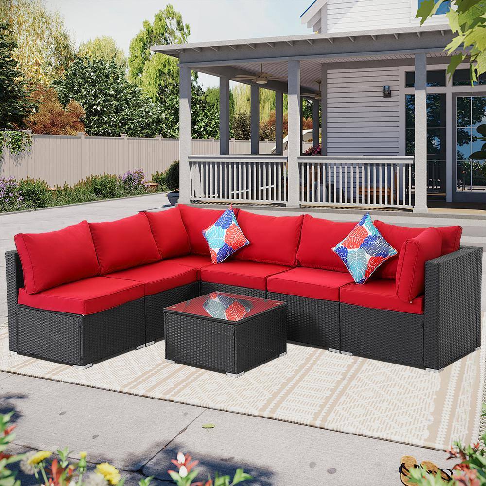 Zeus & Ruta 7Piece Black Wicker Outdoor Patio Sectional Sofa