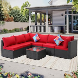 7--Piece Black Wicker Outdoor Patio Sectional Sofa Conversation Set with Red Cushions and 1 Coffee table