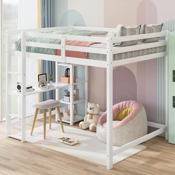 Qualler White Full Size Loft Bed with Built-in Desk and Shelves