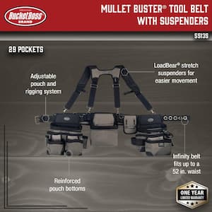 3-Bag Mullet Buster Adjustable Tool Belt Tool Storage Suspension Rig with Suspenders and 29-Pockets in Grey