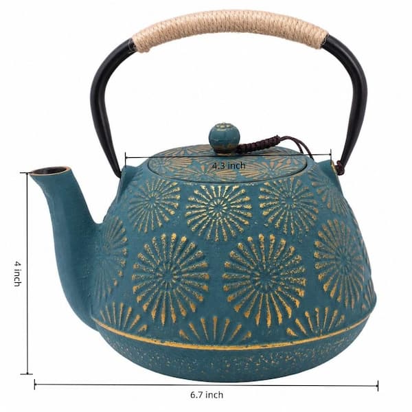 Numhew 4-Cup Blue Cast Iron Tea Pot with Enameled Interior, 40 oz