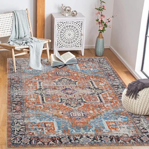 Terracotta Blue Persian Style Traditional Rug Non Slip Machine Washable  Stain Resistant Living Room Bedroom Kitchen Mat Hallway Runner Rugs 