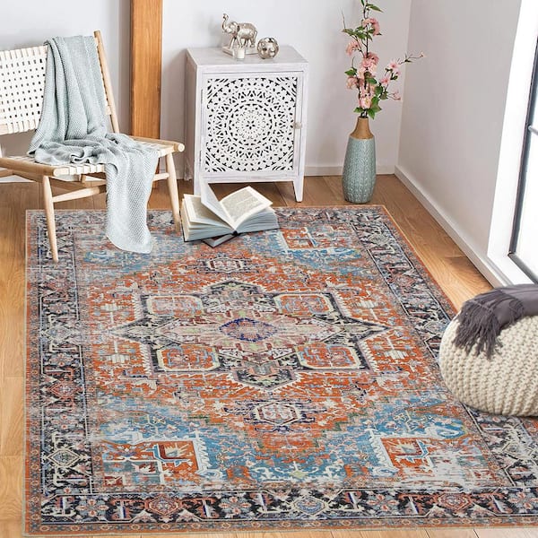 Orange 8 ft. x 10 ft. Persian Stain Resistant Floral Print Area Rug