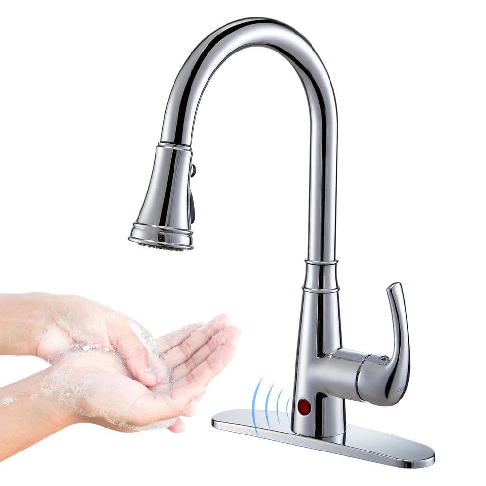 Touchless Single Handle Gooseneck Pull Down Sprayer Kitchen Faucet with Deckplate Pull Out Sink Faucet in Chrome -  cobbe, H1B1TL3G1