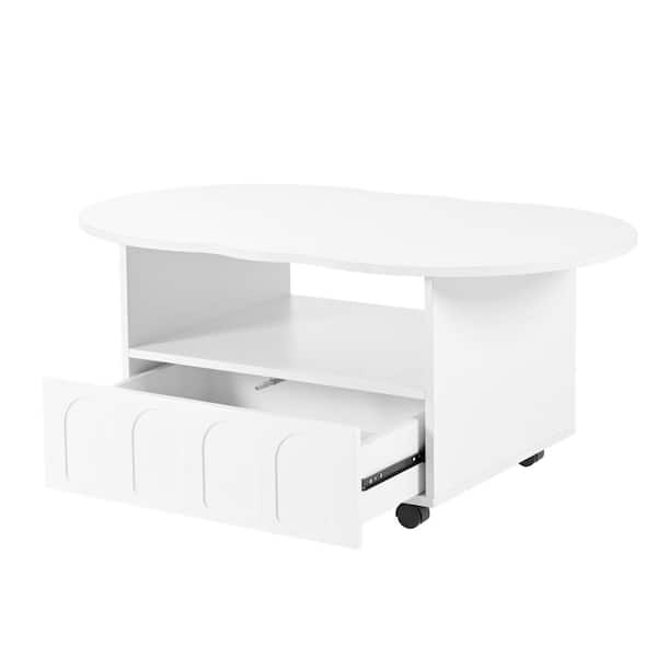 White Flexible Cream Style Coffee Table with 2 Brake Wheels, Drawer and Large Storage
