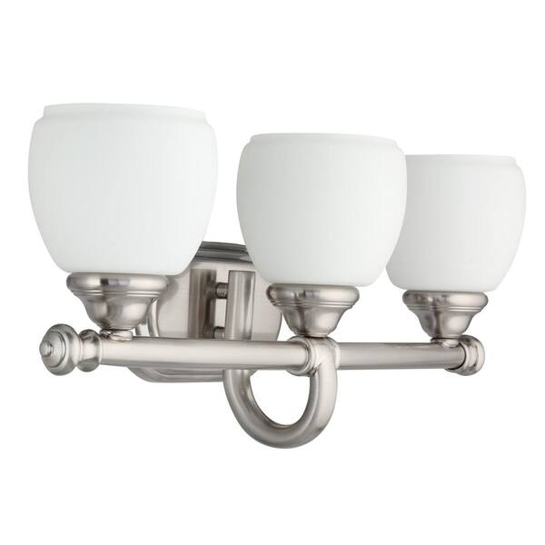 Cedar Cove 3-Light Brushed Nickel Vanity Light with Etched Opal Glass Shades Cedar Cove 3-Light Brushed Nickel Vanity Light with Etched Opal Glass Shades